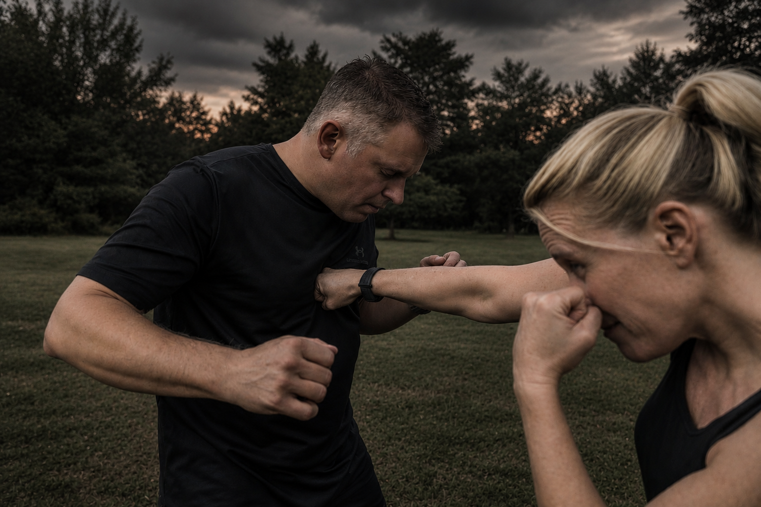 Woman practicing a self-defense strike with an instructor outdoors