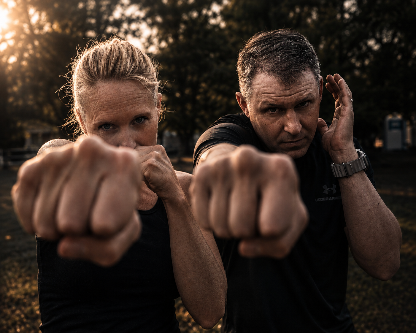 Person following a self-defense training video at home
